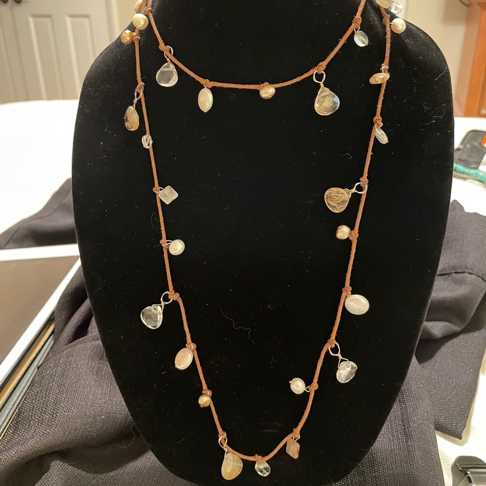Lariat with mother of pearl, crystals and peach pearls from a designer locally..